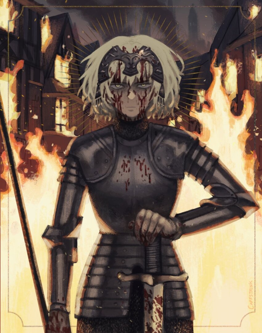 1girl armor armored_skirt blonde_hair blood blood_in_hair blood_on_face breastplate chainmail cowboy_shot expressionless fate/grand_order fate/planted_sword fate_(series) fire french_commentary glaring headpiece highres jeanne_d&#039;arc_alter_(fate) looking_at_viewer nightt planted planted_sword planted_weapon polearm rib_(arjunyanya) short_hair smoke solo standard_bearer sword weapon