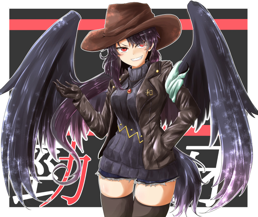 1girl absurdres alternate_costume black_background black_gloves black_hair black_jacket black_sweater black_thighhighs black_wings breasts brown_hat commentary_request cowboy_hat cowboy_shot cutoffs feathered_wings gloves grin hair_between_eyes hand_up hat head_tilt highres jacket jewelry kurokoma_saki long_hair looking_at_viewer medium_breasts open_clothes open_jacket oshiaki partial_commentary pendant red_eyes ribbed_sweater short_shorts shorts smile solo standing sweater tail thighhighs thighs touhou turtleneck turtleneck_sweater v-shaped_eyebrows very_long_hair wings