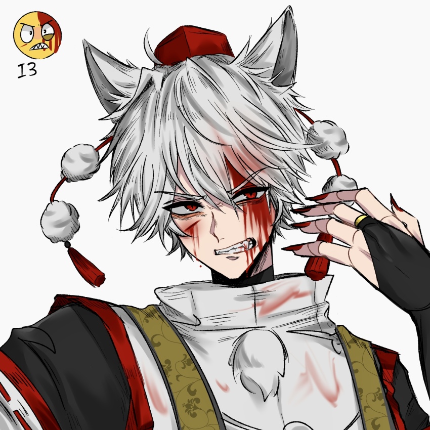 1boy adapted_costume angry animal_ears black_gloves blood blood_from_mouth blood_on_clothes blood_on_face bridal_gauntlets clenched_teeth commentary_request cuts emoji fingernails genderswap genderswap_(ftm) gloves grey_background hand_up hat hat_tassel highres injury inubashiri_momiji japanese_clothes kariginu long_fingernails male_focus nap_muntarou partial_commentary pom_pom_(clothes) red_eyes red_hat red_nails ribbon-trimmed_sleeves ribbon_trim sharp_fingernails short_hair simple_background solo teeth tokin_hat touhou upper_body v-shaped_eyebrows very_short_hair white_hair wolf_ears