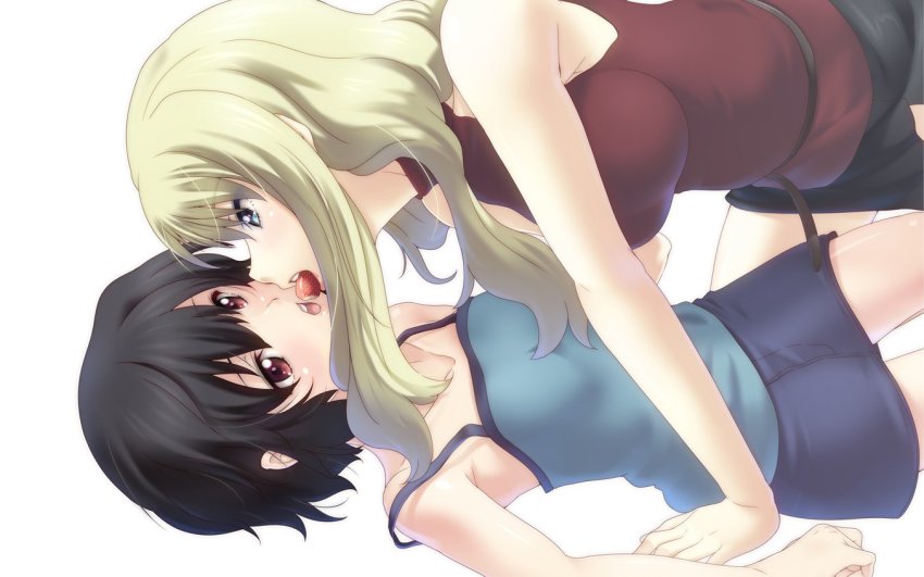 2girls 846-gou arm_support belt black_hair blonde_hair blue_eyes brown_eyes food fruit halterneck long_hair lying mireille_bouquet mouth_hold multiple_girls noir_(anime) on_back open_mouth short_hair simple_background strap_slip strawberry white_background yuri yuumura_kirika