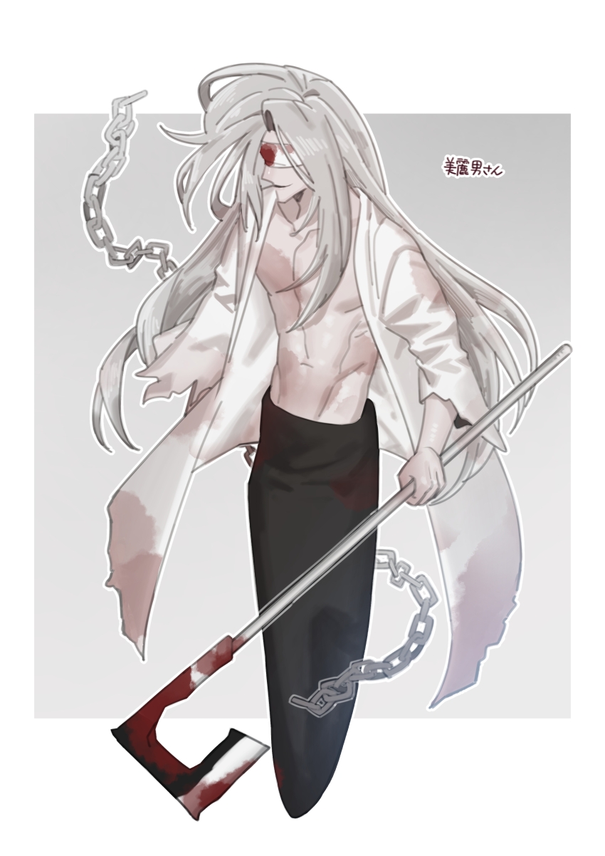 1boy absurdres bandages bandages_over_eyes blood bloody_bandages bloody_weapon chain coat cowboy_shot grey_background grey_hair highres holding holding_weapon homicipher long_hair male_focus mr._silvair no_shirt simple_background skirt solo twintails very_long_hair weapon weapon_request white_coat yano_(user_pskz3722)