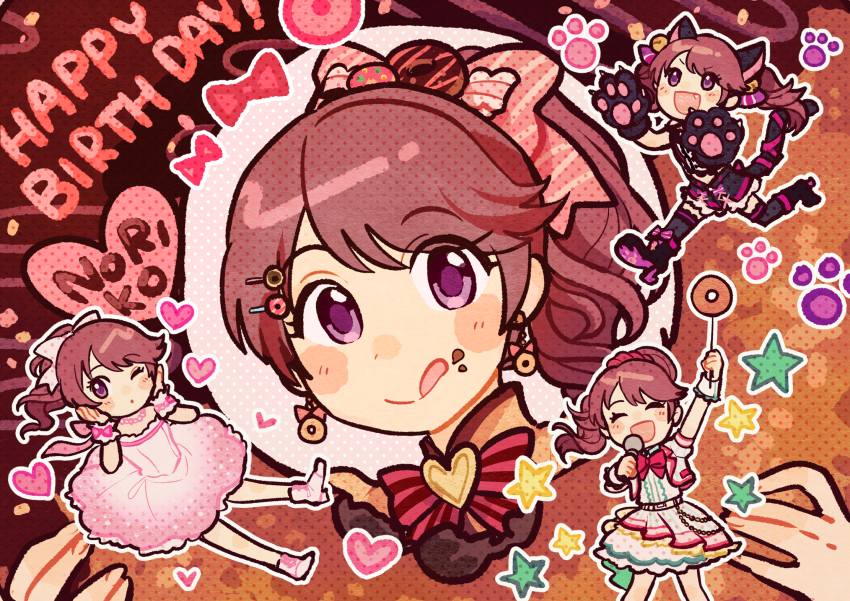 1girl animal_ears animal_hands black_footwear bow cat_ears cat_paws doughnut_earrings doughnut_hair_ornament dress earrings eyelashes fang food food-themed_hair_ornament food_on_face hair_ornament happy_birthday highres idolmaster idolmaster_cinderella_girls jewelry kinakotatu licking_lips multiple_views paw_print pink_dress pink_footwear ponytail purple_eyes red_bow running shiina_noriko star_(symbol) tongue tongue_out