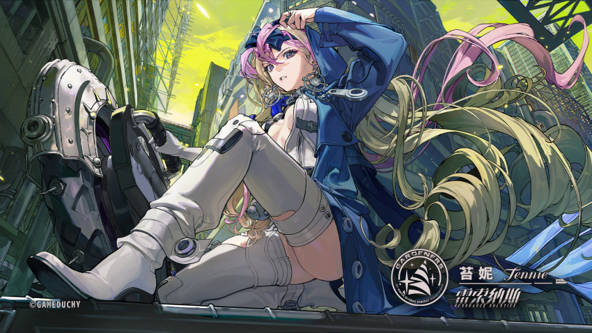 1girl blonde_hair blue_bow blue_jacket bow breasts buttons center_opening character_request cityscape cloud collared_jacket copyright_name copyright_notice cross cross_earrings day determined drill_hair earrings eyelashes floating_hair full_body green_sky hair_between_eyes hair_bow hair_through_hood high_heels highres hood hood_up jacket jewelry knee_up leg_belt lei_suo_na_si lips logo multicolored_hair official_art on_one_knee open_clothes open_jacket open_shirt outdoors parted_lips pink_hair pink_lips purple_eyes resonance_solstice ribs shirt shoe_belt sky small_breasts solo teeth thighhighs two-tone_hair white-bellied_green_pigeon white_footwear white_shirt white_thighhighs