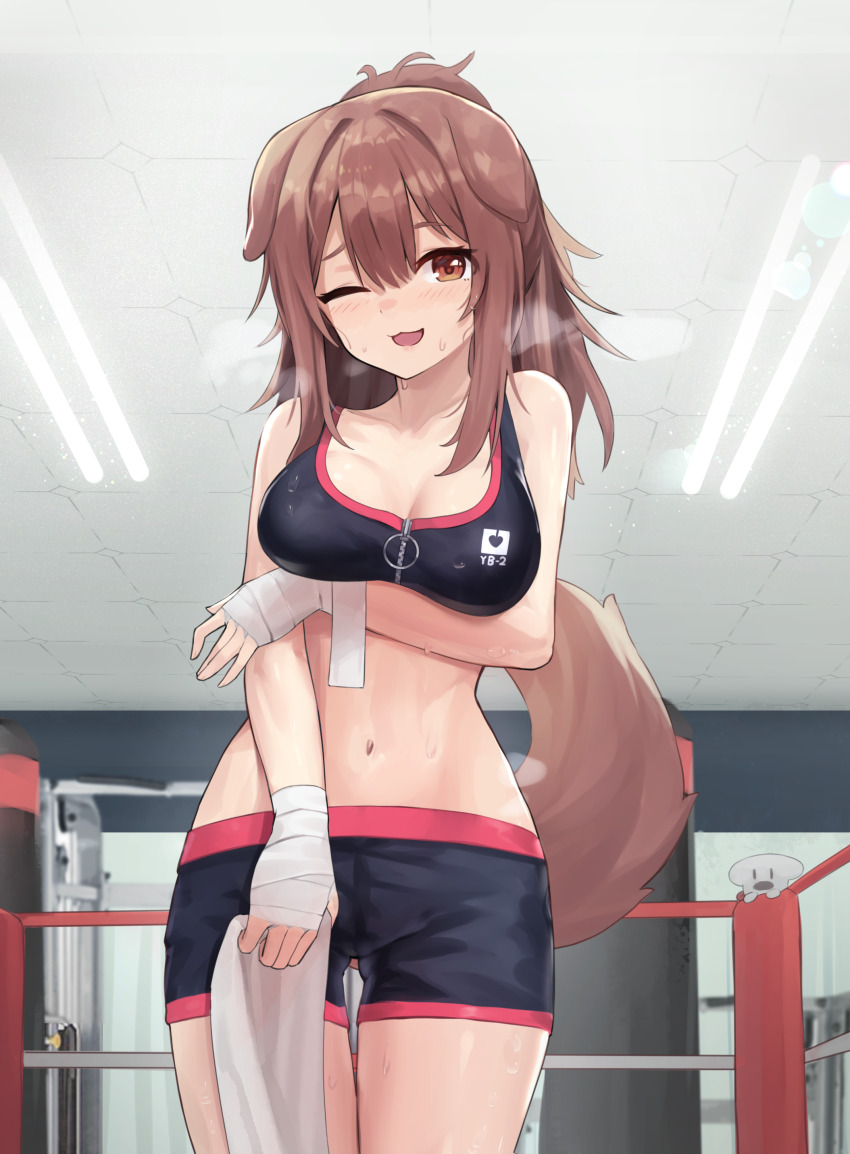 1girl absurdres animal_ears arm_under_breasts bandaged_hand bandages black_shorts black_sports_bra blush boxing_ring breasts brown_hair brown_tail cleavage collarbone commentary_request dog_ears dog_girl dog_tail hair_intakes highres hololive indoors inugami_korone inugami_korone_(8th_costume) long_hair looking_at_viewer medium_breasts navel one_eye_closed open_mouth red_eyes short_shorts shorts smile solo sports_bra tail virtual_youtuber woogi_(duguddnr) zipper_pull_tab