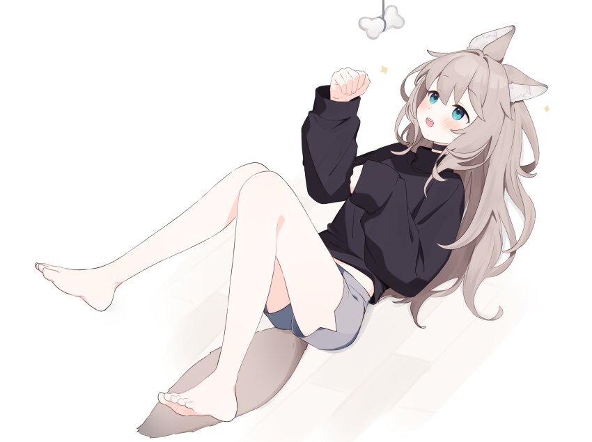 1girl :d animal_ear_fluff animal_ears barefoot black_choker black_shirt blue_eyes blush bone choker dog_ears dog_girl full_body grey_shorts highres legs light_brown_hair long_hair long_sleeves looking_at_object lying midriff_peek on_back open_mouth original riya_(01214) shirt short_shorts shorts sidelocks simple_background smile solo sparkle teeth turtleneck turtleneck_shirt upper_teeth_only very_long_hair white_background