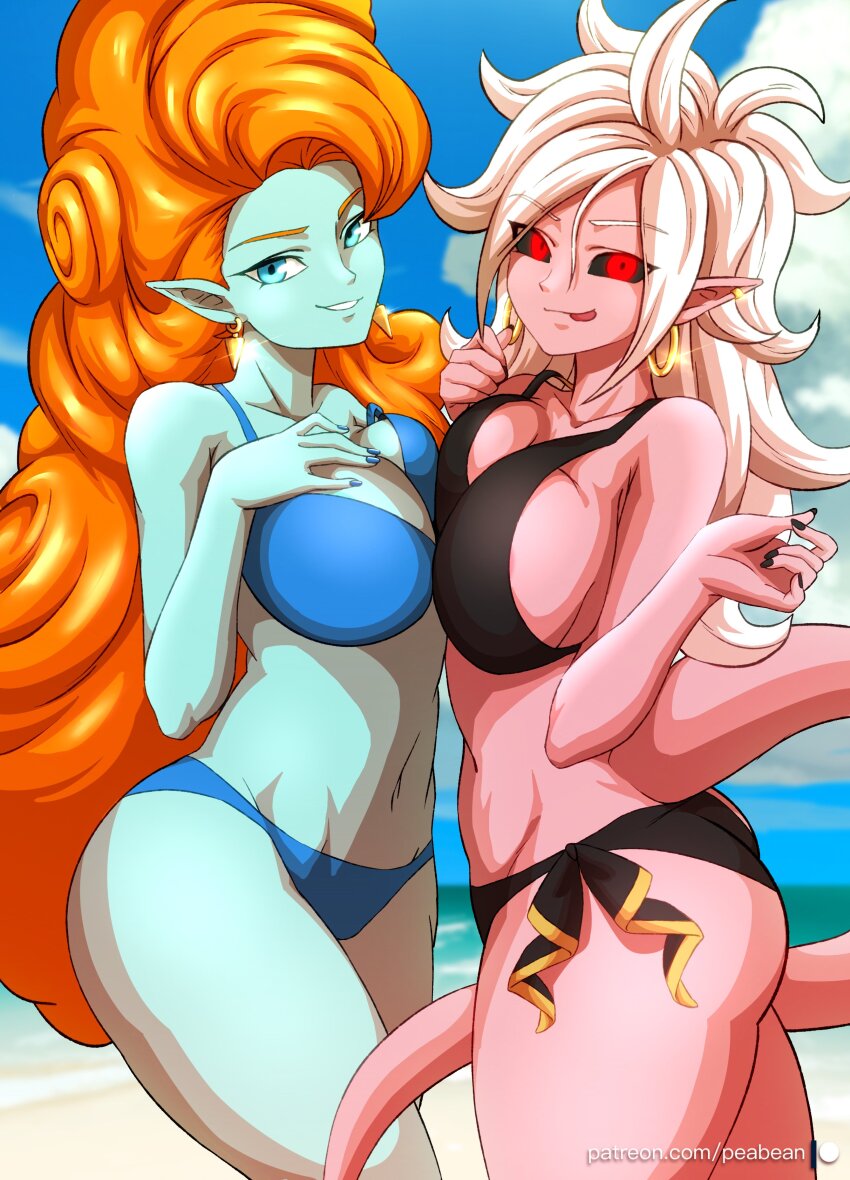 2girls absurdres android_21 artist_name ass beach bikini black_sclera blue_eyes breast_press breasts colored_sclera colored_skin dragon_ball dragon_ball_fighterz dragonball_z earrings female_focus green_skin highres hoop_earrings jewelry large_breasts long_hair looking_at_viewer majin_android_21 multiple_girls orange_hair pea-bean pink_skin pointy_ears red_eyes sideboob swimsuit symmetrical_docking white_hair zangya