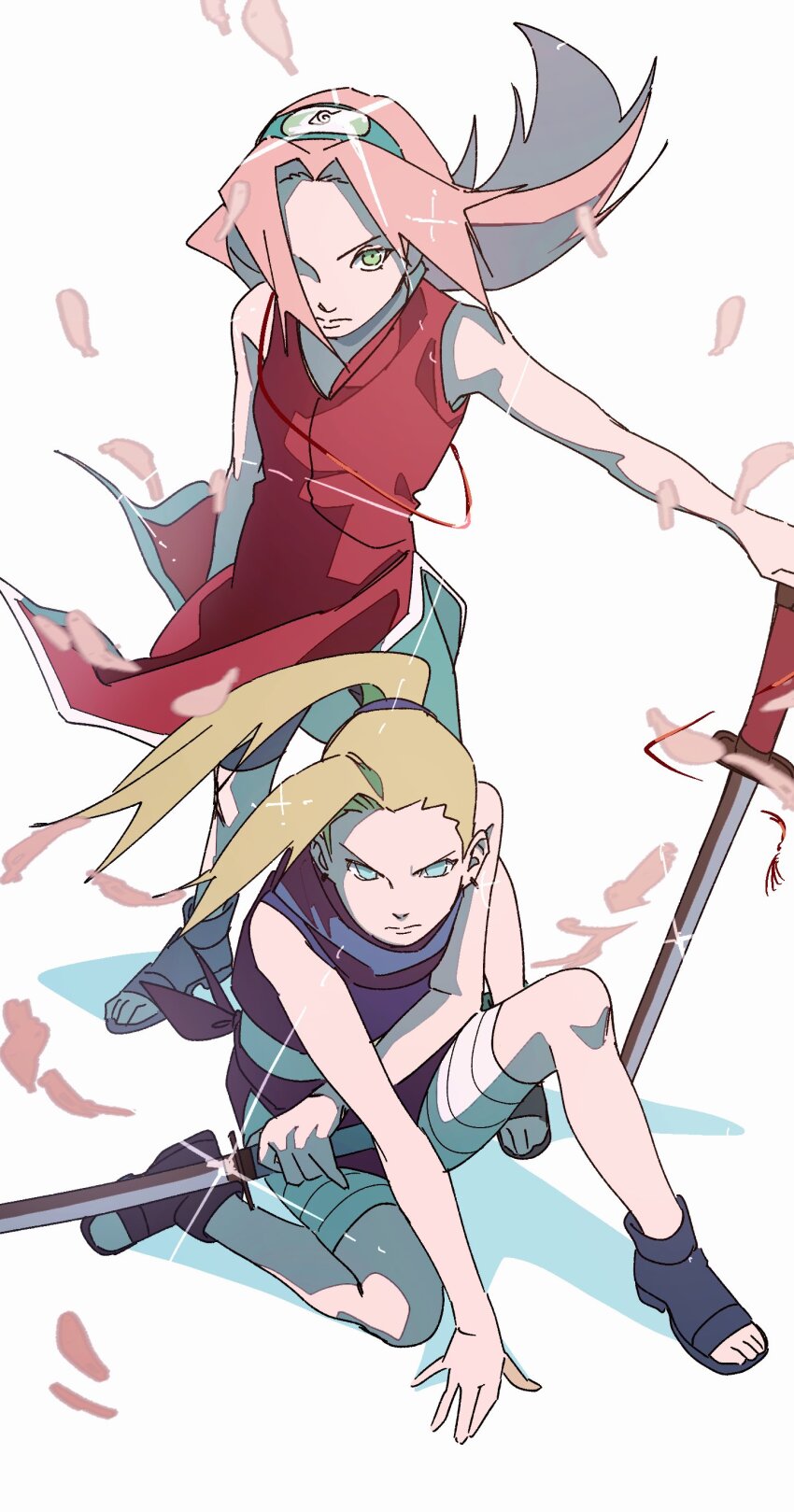 2girls absurdres aqua_eyes bandaged_leg bandages blonde_hair dress earrings forehead_protector full_body green_eyes hair_over_one_eye haruno_sakura highres holding holding_sword holding_weapon jewelry katana konohagakure_symbol long_hair multiple_girls naruto naruto_(series) on_one_knee pink_hair pink_petals pnpk_1013 ponytail purple_dress red_dress simple_background standing sword toeless_footwear weapon white_background yamanaka_ino