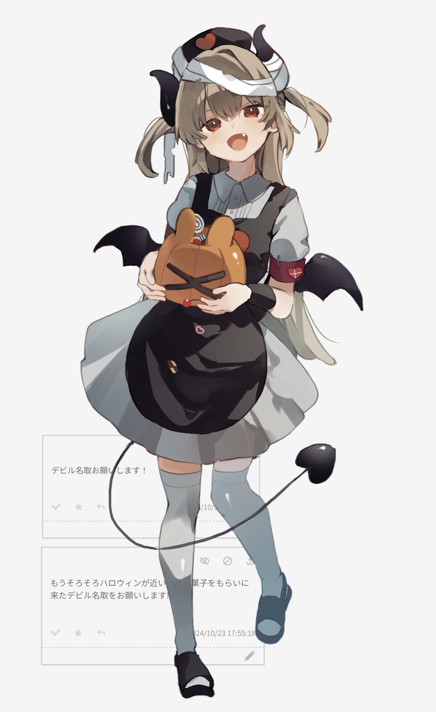 1girl absurdres alternate_costume apron bandaged_head bandaged_horn bandages black_apron black_footwear black_hat candy commentary_request demon_horns demon_tail demon_wings dress fang food halloween hat higa_(gominami) highres holding holding_pumpkin horns light_brown_hair long_hair natori_sana nurse_cap open_mouth pumpkin red_eyes request_inset sana_channel sandals simple_background smile solo tail thighhighs two_side_up virtual_youtuber white_background white_dress white_thighhighs wings x_x