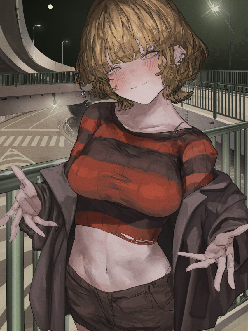 1girl absurdres blonde_hair blush breasts brown_eyes brown_jacket brown_shirt brown_shorts closed_mouth collarbone commentary_request crop_top cropped_shirt ear_piercing gaku highres jacket large_breasts looking_at_viewer midriff night night_sky off_shoulder open_clothes open_jacket original outstretched_arms piercing railing reaching reaching_towards_viewer red_shirt shirt short_hair shorts sky smile stomach striped_clothes striped_shirt textless_version torn_clothes torn_shirt