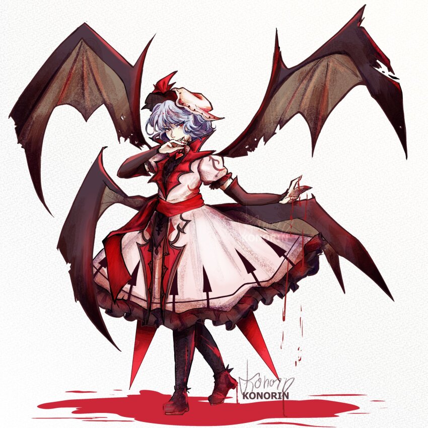 1girl artist_name bat_wings biting_own_finger black_gloves black_pantyhose bleeding blood blood_in_mouth blood_on_clothes blood_on_hands blue_hair brooch commentary dress english_commentary fang fingerless_gloves frilled_dress frills full_body gloves hair_between_eyes hat hat_ribbon high_collar highres jewelry konorin koumajou_densetsu looking_at_viewer mob_cap multiple_wings open_mouth pantyhose pink_dress puffy_short_sleeves puffy_sleeves red_eyes red_nails red_ribbon remilia_scarlet ribbon sash shoes short_hair short_sleeves signature simple_background solo teeth touhou wings