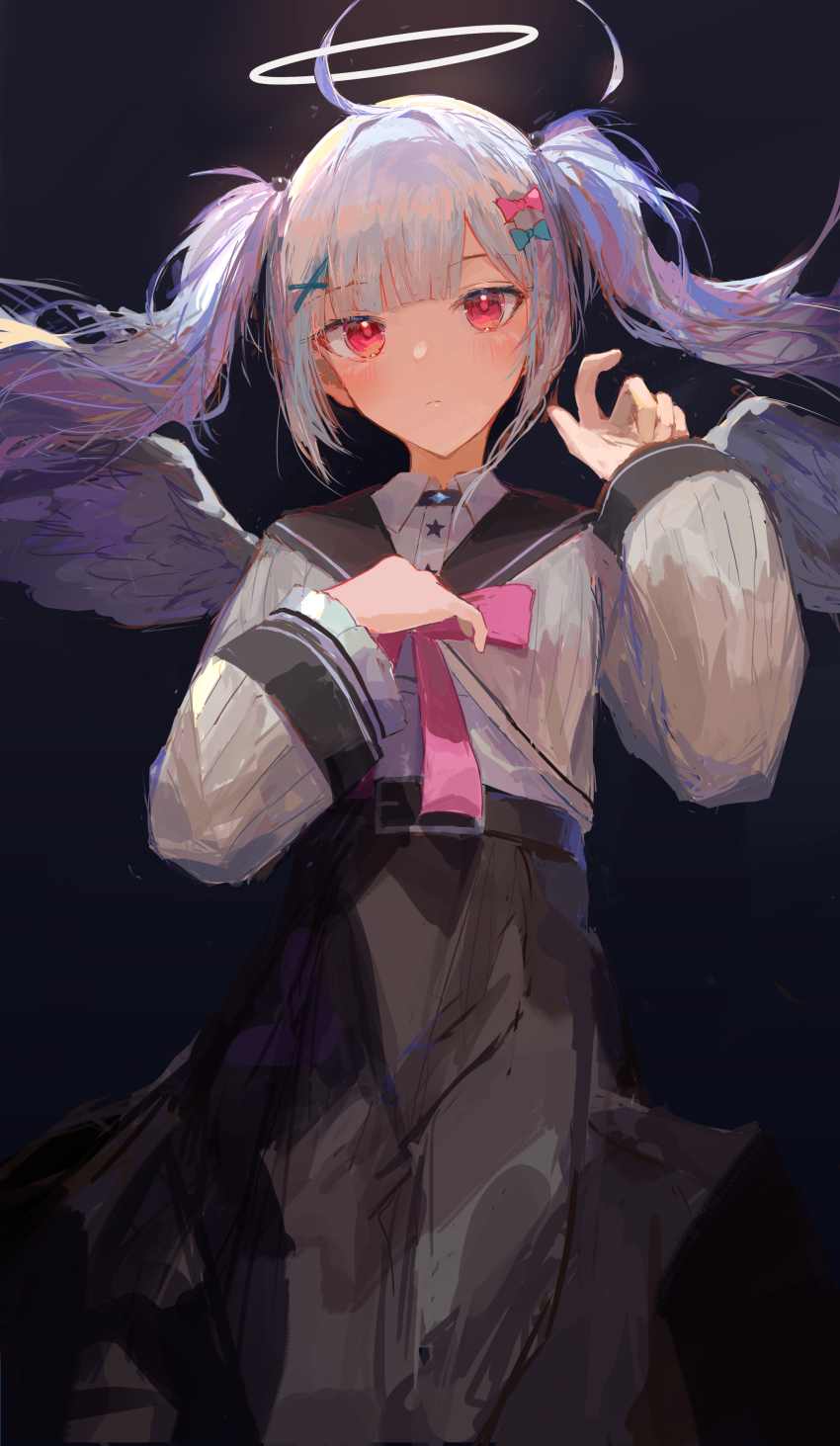 1girl absurdres ahoge angel_wings belt black_background black_belt black_skirt blush bow bowtie closed_mouth collared_shirt grey_hair hair_bow hair_ornament halo highres ichika_(ichika87) long_skirt long_sleeves looking_at_viewer original red_bow red_bowtie red_eyes shirt skirt solo twintails white_halo wings x_hair_ornament