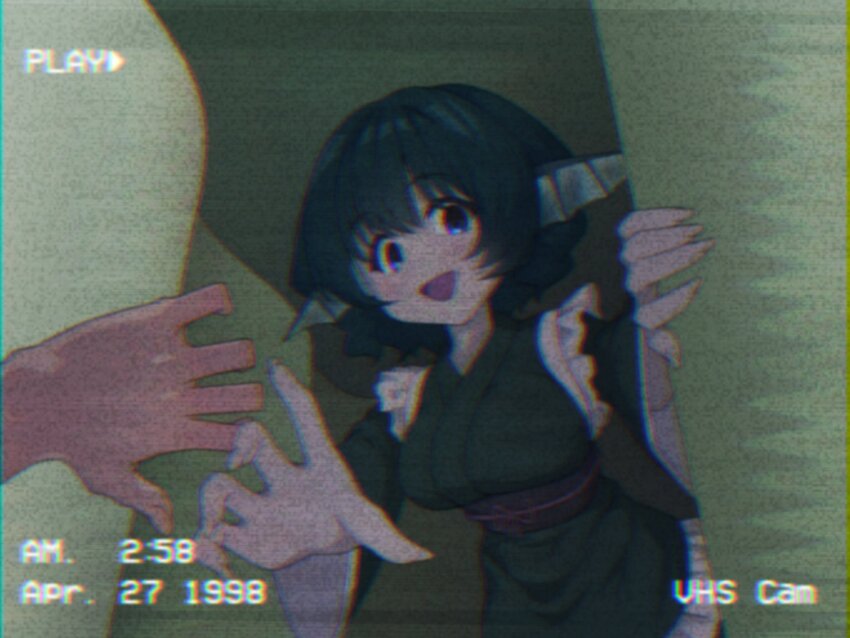 1girl 1other :d blue_eyes blue_hair chromatic_aberration film_grain fins frilled_kimono frills from_below from_inside green_kimono head_fins highres japanese_clothes kimono leaning_forward looking_at_viewer open_mouth pov pov_hands punidayo reaching reaching_towards_viewer recording short_hair smile solo_focus standing touhou vhs_artifacts wakasagihime