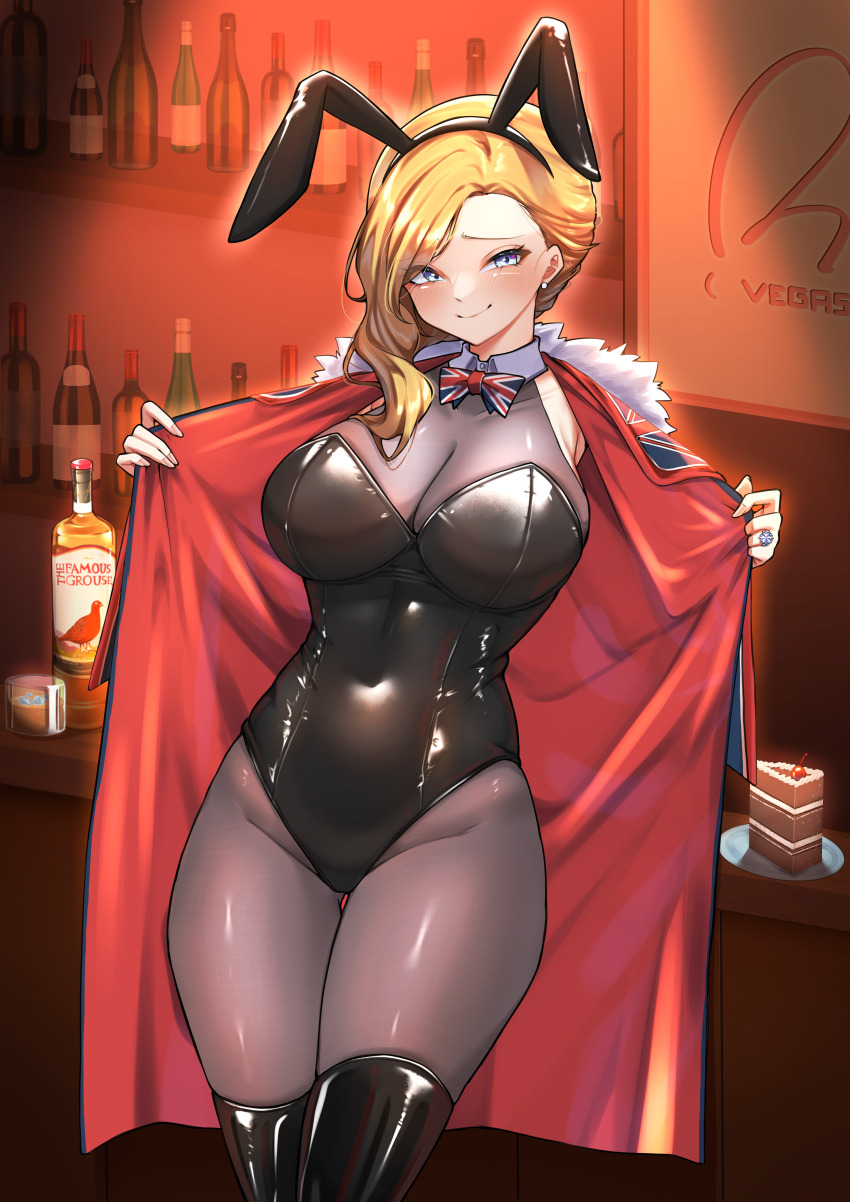 1girl absurdres alcohol alternate_costume animal_ears azur_lane bar_(place) black_footwear black_leotard black_pantyhose blonde_hair blue_eyes boots bow bowtie breasts cake closed_mouth coat covered_navel cowboy_shot detached_collar fake_animal_ears food glass hair_over_shoulder highres hood_(azur_lane) indoors jewelry kghazir large_breasts leotard long_hair looking_at_viewer open_clothes open_coat pantyhose playboy_bunny rabbit_ears ring smile smirk solo strapless strapless_leotard thigh_boots undressing union_jack_print wedding_ring whiskey