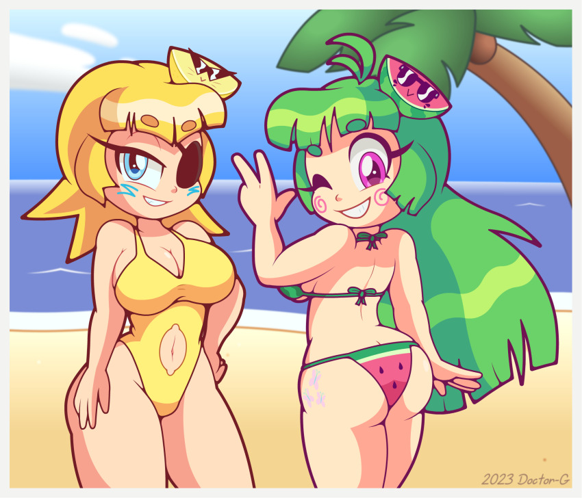 2girls ass back beach bikini blonde_hair blue_eyes blue_sky breasts butt_crack cleavage clothing_cutout cloud collarbone cutie_mark doctor-g eyepatch food food-themed_hair_ornament food_print from_behind fruit green_hair hair_ornament highres indie_virtual_youtuber large_breasts lemon lemon_hair_ornament lemon_slice long_hair looking_at_viewer looking_back melon mini_lemon_(vannamelon) mini_melon_(vannamelon) multiple_girls navel navel_cutout ocean one-piece_swimsuit one_eye_closed palm_tree red_eyes short_hair sky slice smile spiral_cheeks swimsuit tree v vanna_melon virtual_youtuber watermelon watermelon_hair_ornament watermelon_print watermelon_slice yellow_one-piece_swimsuit youtube zig-zag_cheeks