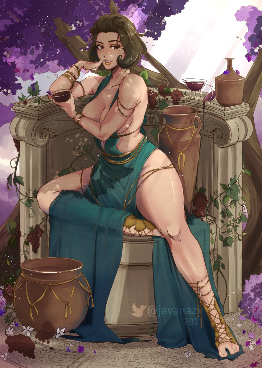 1girl absurdres alcohol alternate_costume ancient_greek_clothes architecture artist_request blue_dress bracelet breasts brown_eyes brown_hair cup dress drinking_glass finger_to_mouth fire_emblem fire_emblem:_three_houses flower grape_vine greco-roman_architecture greco-roman_clothes grin highres javanazv jewelry large_breasts manuela_casagranda mole mole_under_eye nintendo nipple_slip nipples pottery purple_flower smile thick_thighs thighs underboob vase wine wine_glass