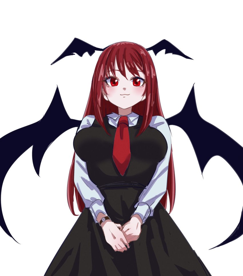 1girl alinoce716 bat_wings breasts from_below head_wings highres koakuma large_breasts long_hair long_sleeves looking_at_viewer low_wings necktie red_eyes red_hair shirt simple_background skirt smile solo touhou white_background wings