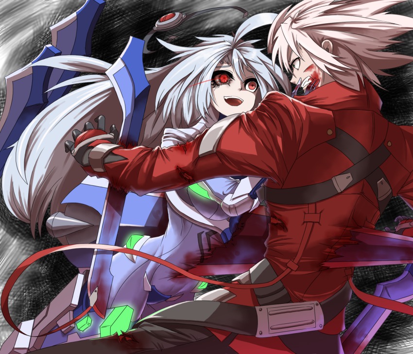 1boy 1girl ahoge black_sclera blazblue blood braid cho!cho! colored_sclera couple highres long_hair nu-13 ragna_the_bloodedge red_eyes silver_hair single_braid spiked_hair tagme very_long_hair