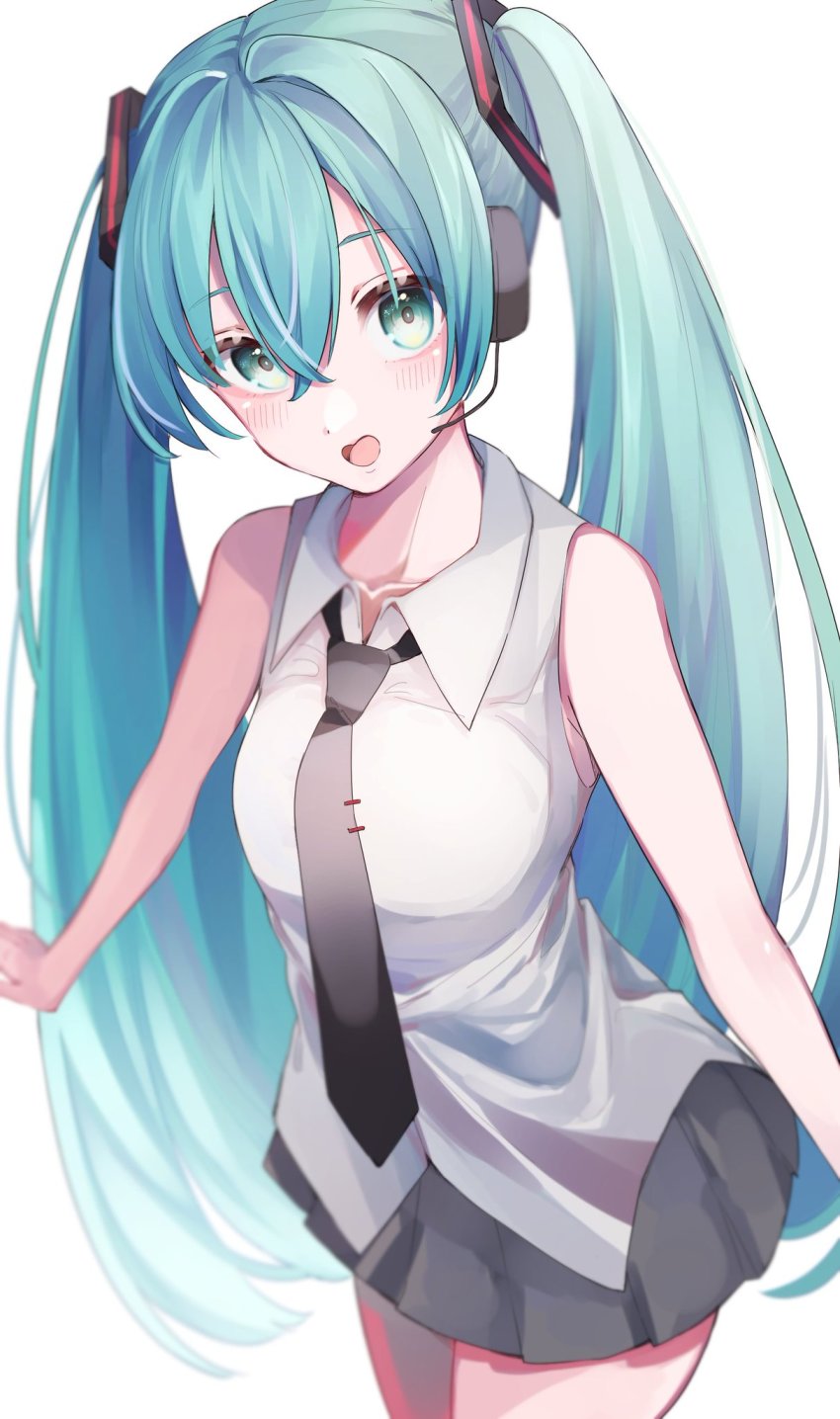 1girl aqua_eyes aqua_hair bare_arms bare_shoulders black_necktie black_skirt collared_shirt eme_(emeralda) grey_shirt hair_between_eyes hatsune_miku headset highres long_hair miniskirt necktie outstretched_arms pleated_skirt shirt skirt sleeveless sleeveless_shirt solo twintails very_long_hair vocaloid