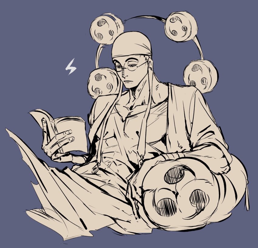 1boy bandana book closed_mouth commentary_request cropped_legs drum earrings enel glasses highres holding holding_book instrument jewelry long_earlobes male_focus one_piece pillow purple_background reading simple_background solo tentaro_en