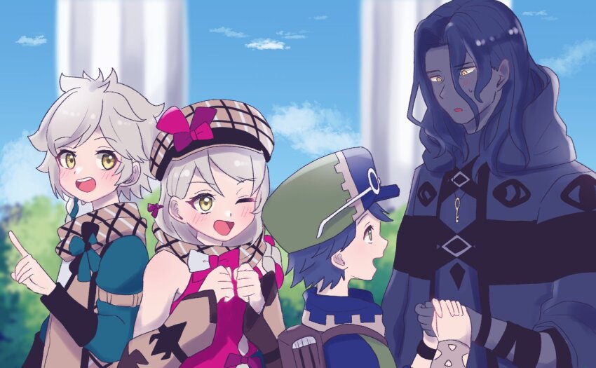 1girl 3boys androgynous backpack bag blue_hair blue_sky bow bracelet braid brown_bag brown_hat clanne_(fire_emblem) clenched_hands colored_skin dark_blue_hair eye_contact eyewear_on_head fire_emblem fire_emblem_engage framme_(fire_emblem) grey_hair grey_skin hat hat_bow holding_hands jean_(fire_emblem) jewelry key key_necklace light_blush looking_at_another multiple_boys necklace nintendo one_eye_closed open_mouth pillar plaid_clothes plaid_hat plaid_scarf pointing scarf single_bare_shoulder single_braid sky small_sweatdrop smile teeth thick_eyelashes upper_teeth_only waffuum yellow_eyes zelkov_(fire_emblem)