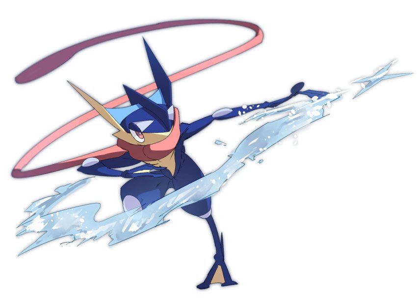 blurry bright_pupils creatures_(company) full_body game_freak gen_6_pokemon greninja highres morio_(poke_orio) nintendo no_humans outstretched_arm pokemon pokemon_(creature) solo standing standing_on_one_leg toes tongue_scarf water water_drop white_background white_pupils