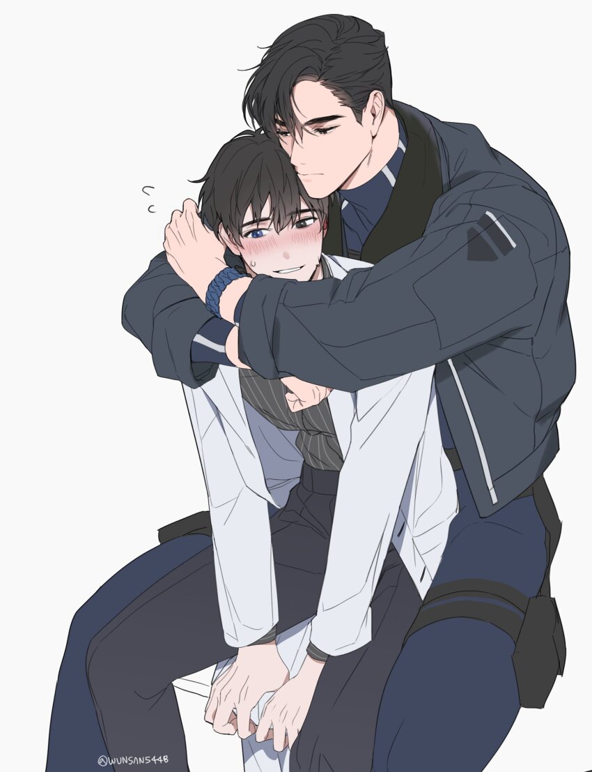 2boys artist_name black_eyes black_hair blush closed_mouth coat collared_shirt commentary_request eoduun_badaui_deungbul-i_doeeo grey_background highres hug jacket korean_commentary male_focus multiple_boys open_clothes open_coat pants park_moo-hyun shin_hae-ryang shirt short_hair simple_background sitting twitter_username white_coat wunsan5448 yaoi