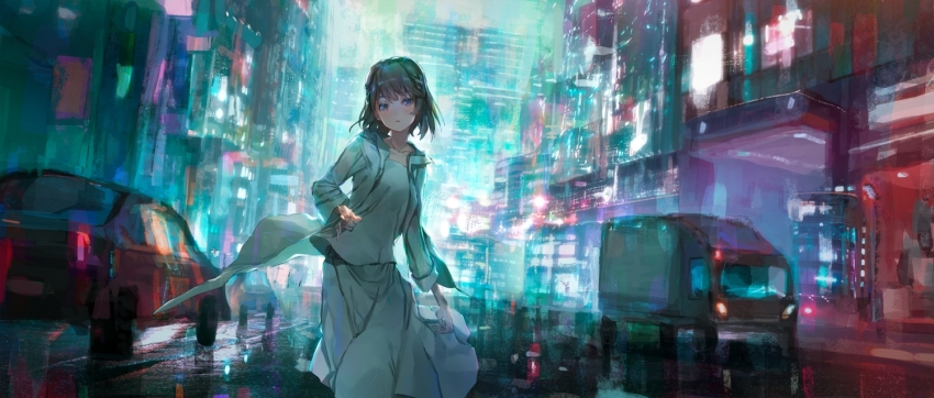 bad_id bad_pixiv_id brown_eyes brown_hair city enu_0426 hood hoodie neon_palette night original running short_hair skirt wet_pavement white_hoodie white_skirt