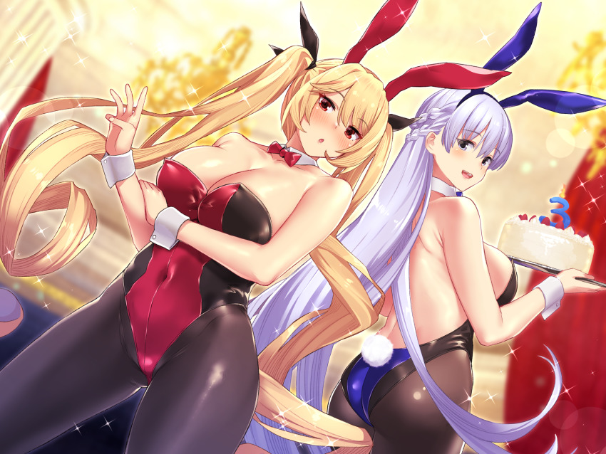 2girls animal_ears ass azur_lane bare_shoulders batsu blonde_hair blush bow bowtie braid breasts cake cleavage collarbone covered_navel detached_collar fake_animal_ears fake_tail food hair_ribbon highres holding holding_tray large_breasts leotard long_hair looking_at_viewer multicolored_leotard multiple_girls nelson_(azur_lane) open_mouth pantyhose playboy_bunny rabbit_ears rabbit_tail red_eyes ribbon rodney_(azur_lane) silver_hair smile strapless strapless_leotard tail tray twintails two-tone_leotard very_long_hair wrist_cuffs