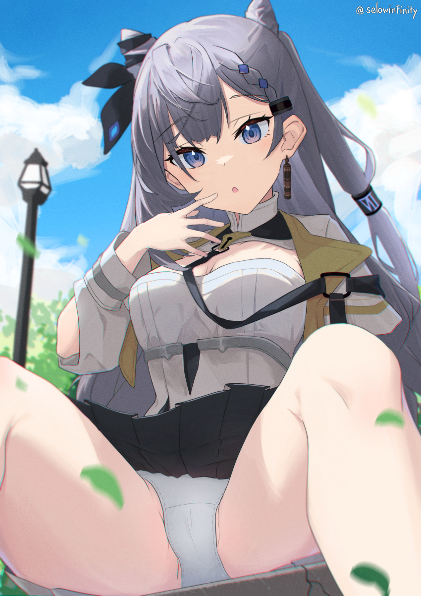 1girl absurdres blue_eyes cone_hair_bun grey_hair hair_bun highres hololive hololive_indonesia long_hair looking_at_viewer outdoors panties slowinfinity solo thighs underwear vestia_zeta virtual_youtuber