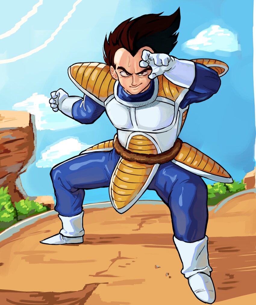 1boy absurdres armor belt black_eyes blue_bodysuit blue_sky bodysuit boots bright_pupils brown_belt brown_hair clenched_hand cloud comic_panel_redraw derivative_work dragon_ball dragonball_z fighting_stance full_body gloves hands_up highres jumboiiii legs_apart male_focus monkey_tail nervous_smile nervous_sweating pauldrons saiyan_armor shoulder_armor sky smile solo spiked_hair squatting standing sweat tail tail_around_waist v-shaped_eyebrows vegeta white_armor white_footwear white_gloves white_pupils widow&#039;s_peak