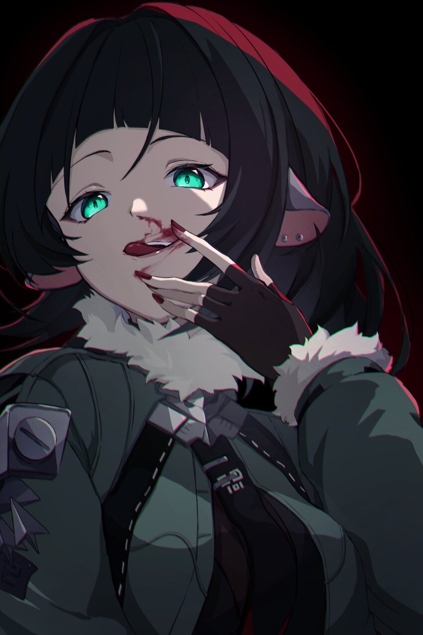 1girl 99noe_honoka animal_ears black_background black_gloves black_hair blood blood_on_face blunt_bangs fingerless_gloves fur-trimmed_jacket fur_trim gloves green_jacket highres jacket jane_doe_(zenless_zone_zero) licking_blood licking_lips mouse_ears mouse_girl portrait solo tongue tongue_out zenless_zone_zero