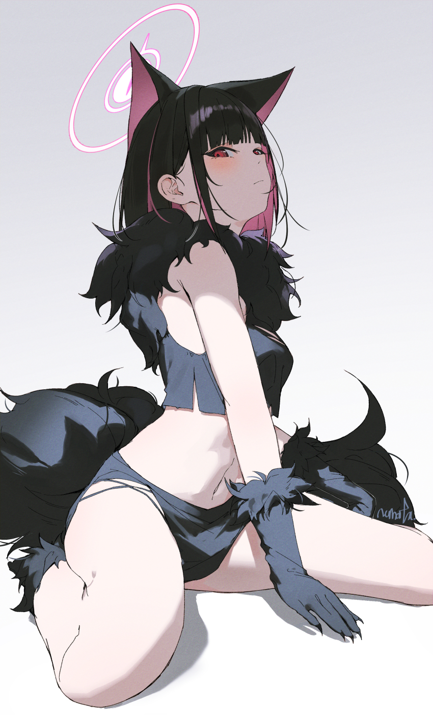 1girl absurdres animal_ears bare_legs black_gloves black_hair blue_archive breasts cat_ears colored_inner_hair crop_top extra_ears gloves halo highres kazusa_(blue_archive) kazusa_(halloween)_(blue_archive) medium_breasts medium_hair multicolored_hair navel pink_hair qtian red_eyes simple_background solo tail werewolf_costume