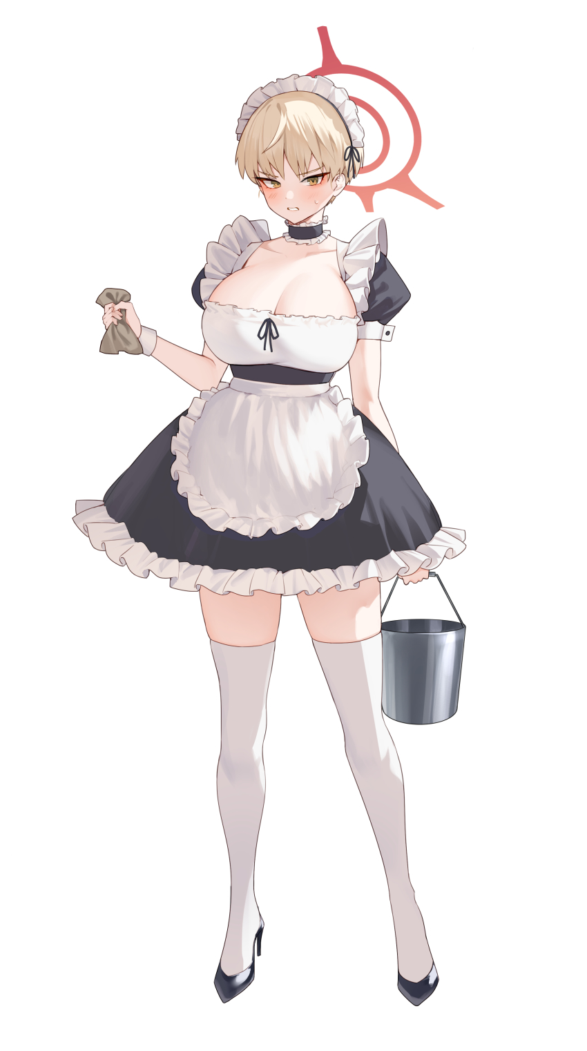 1girl absurdres alternate_costume apron blonde_hair blue_archive blue_eyes blush breasts bucket choker cleavage commentary enmaided eyelashes eyes_visible_through_hair female_focus frilled_choker frills full_body hair_between_eyes halo high_heels highres large_breasts looking_at_viewer maid maid_apron maid_headdress marina_(blue_archive) mashilemo short_hair simple_background solo thighhighs white_background white_thighhighs yellow_eyes zettai_ryouiki