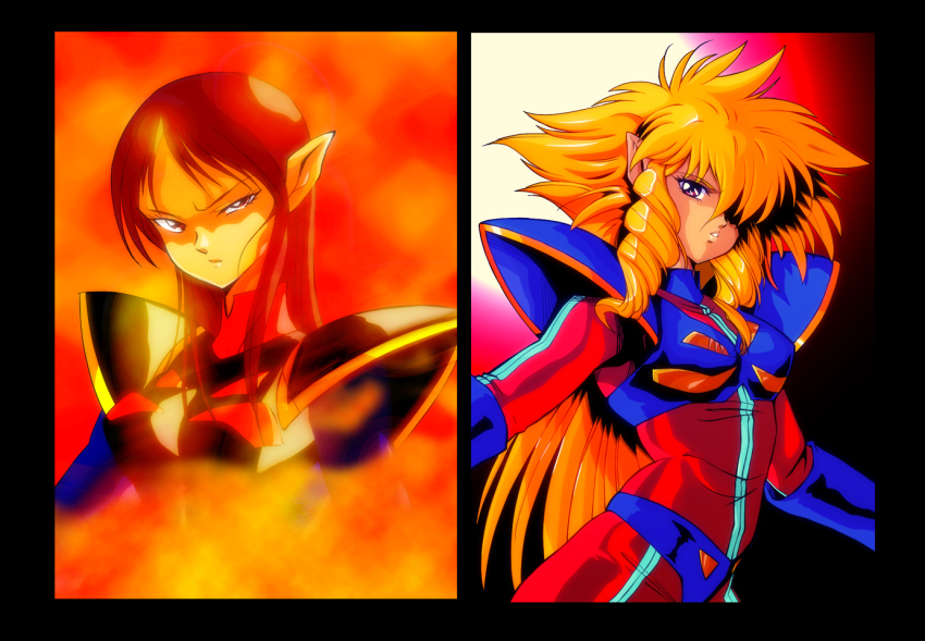 2girls armor blonde_hair bodysuit drill_hair elf hair_over_one_eye iczer-1 iczer-2 iczer_(series) long_hair multiple_girls orange_background pointy_ears red_eyes red_hair rf400rv serious siblings sidelocks sisters tatakae!!_iczer-1