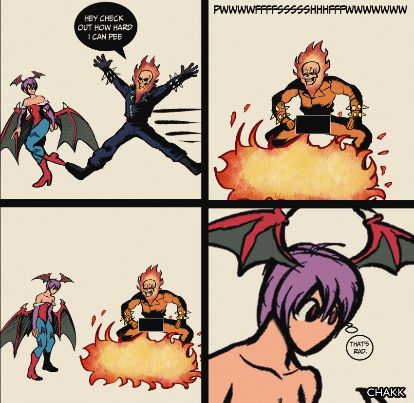 1girl absurdres animal_print bar_censor bat_print bat_wings capcom censored chakkrx darkstalkers demon_girl fire flat_chest ghost_rider head_wings highres leotard lilith_(darkstalkers) marvel_vs._capcom marvel_vs._capcom_3 pantyhose pee print_pantyhose purple_hair red_eyes red_leotard short_hair wings