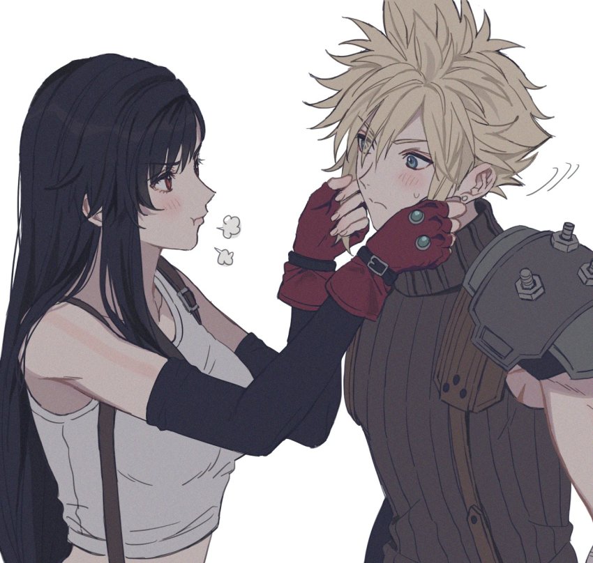 1boy 1girl 234_(1234!) arm_warmers armor black_hair blonde_hair blue_eyes blush breasts closed_mouth cloud_strife commentary ear_piercing english_commentary eyes_visible_through_hair final_fantasy final_fantasy_vii fingerless_gloves gloves hair_between_eyes hands_on_another&#039;s_face highres large_breasts lips long_hair looking_at_another midriff motion_lines piercing pout profile red_eyes red_gloves ribbed_shirt shirt short_hair shoulder_armor simple_background sleeveless sleeveless_shirt spiked_hair straight_hair strap suspenders tank_top tifa_lockhart turtleneck upper_body white_background white_tank_top