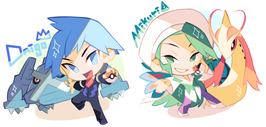 2boys :d absurdres blue_eyes blue_hair character_name chibi commentary_request creatures_(company) game_freak gen_3_pokemon green_eyes green_hair green_shirt grin hat highres holding holding_poke_ball jacket jewelry kado_51 legs_apart long_sleeves male_focus metagross milotic multiple_boys nintendo no_pupils open_mouth pants poke_ball poke_ball_(basic) pokemon pokemon_(creature) pokemon_rse purple_pants ring shirt shoes short_hair smile sparkle steven_stone teeth tongue wallace_(pokemon) white_footwear white_hat