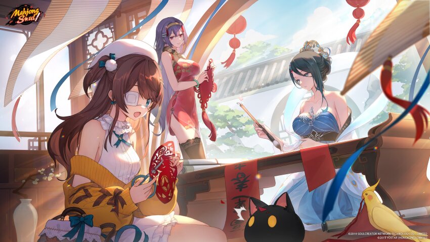 3girls :d absurdres animal architecture bag bare_shoulders bird black_thighhighs blue_dress blue_eyes bracelet breasts brown_hair calligraphy_brush cockatiel commentary dress east_asian_architecture english_commentary eyepatch hair_ornament hairpin handbag highres holding holding_brush holding_scissors jewelry large_breasts logo long_hair looking_at_another mahjong_soul medical_eyepatch mole mole_under_eye multiple_girls nikaidou_miki official_art official_wallpaper on_floor open_mouth paintbrush purple_hair qing_luan red_dress red_eyes scissors shinomiya_fuyumi sitting smile standing thighhighs tree white_dress white_headwear