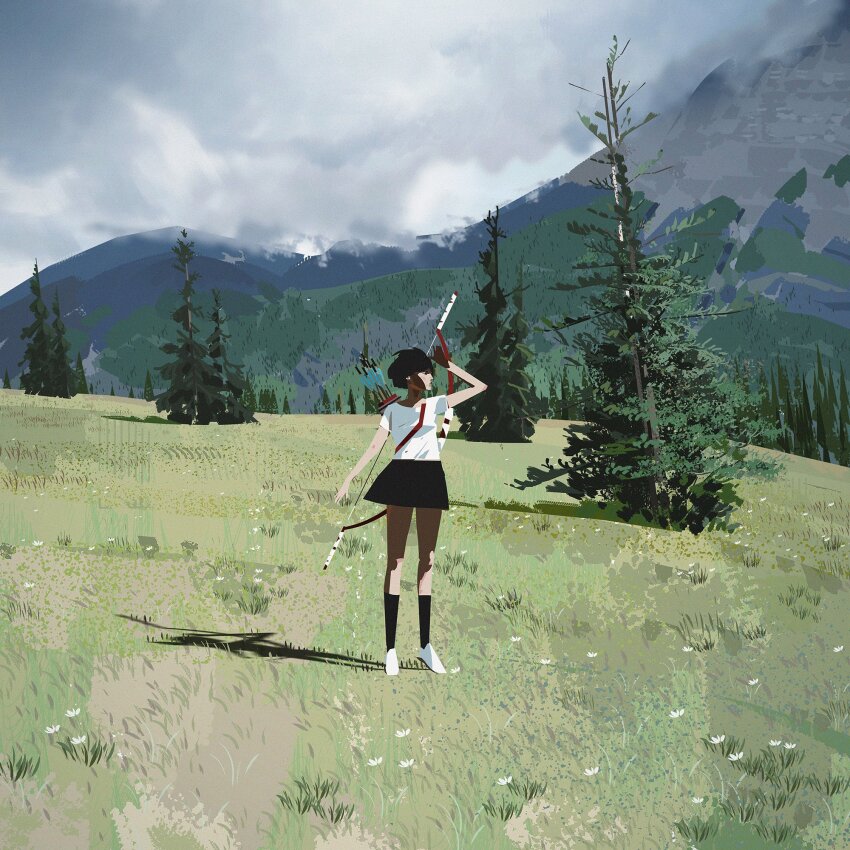 1girl arm_at_side arm_up arms_up black_skirt blue_flower blue_sky bow_(weapon) cloud commentary english_commentary floating_hair flower from_behind girl_chasing_giants_(yun_ling) grass highres kneehighs looking_ahead mountain on_grass original outdoors painterly plant plant_focus power_lines quiver shirt short_hair short_sleeves skirt sky socks standing sunlight thighs weapon weapon_on_back white_footwear white_shirt wide_shot wind yun_ling