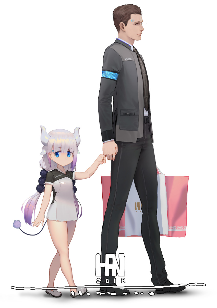 1boy 1girl absurdres android beads brown_eyes brown_hair connor_(detroit) crossover detroit:_become_human dragon_horns dragon_tail expressionless gradient_hair hair_beads hair_ornament han-0v0 highres holding_finger horns jacket kanna_kamui kobayashi-san_chi_no_maidragon light_purple_hair looking_at_another looking_at_viewer low_twintails multicolored_hair name_connection necktie tail twintails walking white_background