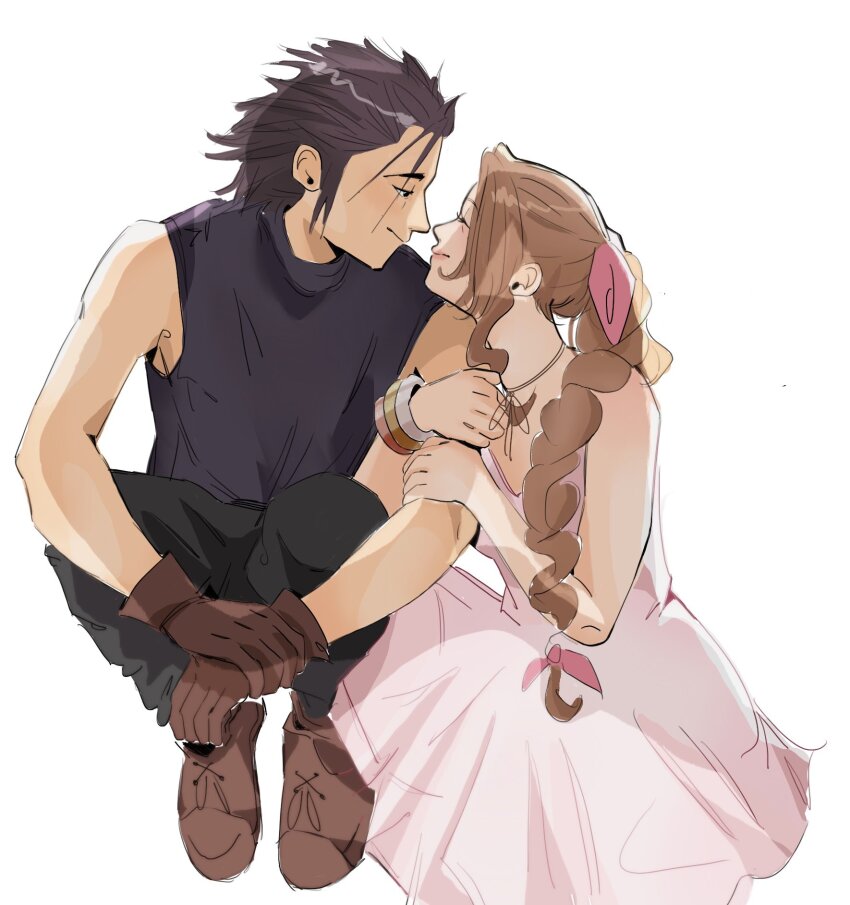 1boy 1girl aerith_gainsborough arm_hug bangle bare_shoulders black_hair black_pants blue_sweater bracelet braid braided_ponytail brown_footwear brown_gloves brown_hair choker closed_eyes closed_mouth couple crisis_core_final_fantasy_vii dress drill_hair drill_sidelocks facing_another final_fantasy final_fantasy_vii final_fantasy_vii_rebirth final_fantasy_vii_remake full_body gloves hair_ribbon hair_slicked_back hashtag-only_commentary highres jewelry long_hair looking_at_another looking_to_the_side pants parted_lips pink_dress pink_ribbon ribbon short_hair sidelocks sitting smile spiked_hair sweater trixie turtleneck turtleneck_sweater zack_fair