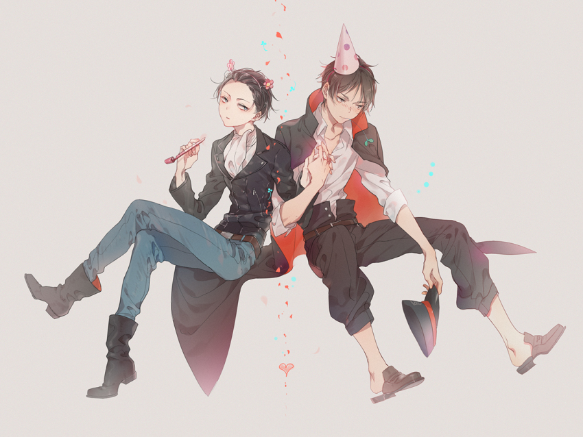 2boys black_hair black_jacket boots collared_shirt crossed_legs eren_yeager eyokiki grey_background hair_slicked_back halloween_costume hand_in_pocket hat interlocked_fingers jacket levi_(shingeki_no_kyojin) long_sleeves looking_at_viewer male_focus multiple_boys party_hat shingeki_no_kyojin shirt short_hair simple_background sitting white_shirt yaoi