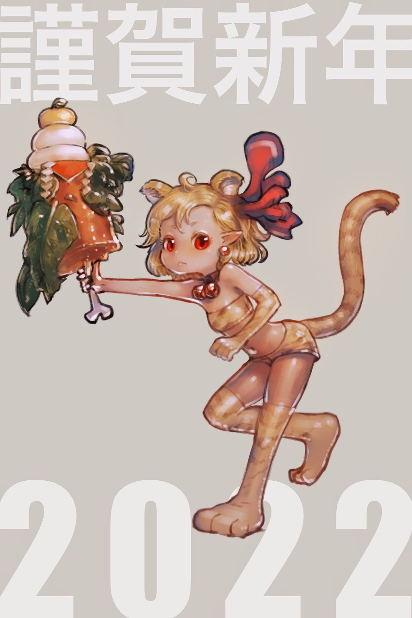 1girl 2022 absurdres animal_ears blonde_hair bone chinese_zodiac commentary_request flat_chest full_body happy_new_year highres looking_at_viewer new_year paw_shoes red_eyes rumia short_hair solo tail tiger_ears tiger_tail touhou year_of_the_tiger yst