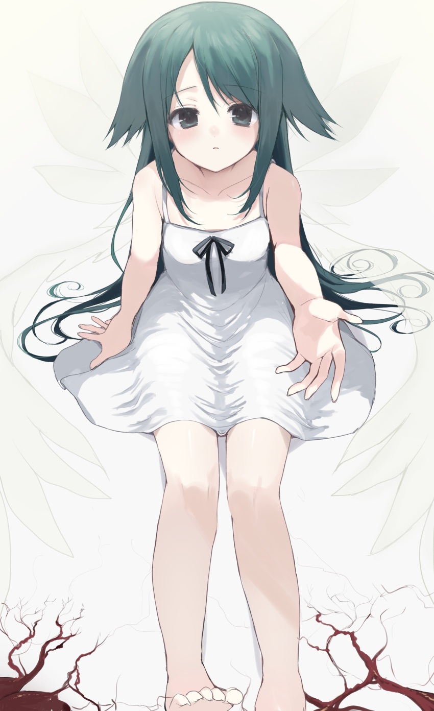 1girl absurdres barefoot blush breasts dress green_eyes green_hair highres long_hair outstretched_arm reaching reaching_towards_viewer saya_(saya_no_uta) saya_no_uta sitting small_breasts solo takepoison white_dress wings