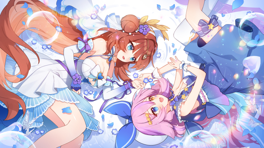 2girls absurdres apple_caramel aqua_eyes bare_shoulders blue_bow blue_bowtie blue_dress blue_eyes blue_sleeves bow bowtie breasts bug butterfly circlet cleavage commentary_request commission detached_sleeves dress flower frilled_wrist_cuffs frills genshin_impact gradient_sleeves hair_bun hair_flower hair_ornament heterochromia highres holding_hands insect long_hair long_sleeves looking_at_another lying medium_breasts multiple_girls nilou_(breeze_of_sabaa)_(genshin_impact) nilou_(genshin_impact) on_side on_water original parted_lips pink_hair pixiv_commission purple_flower red_hair ripples sleeveless sleeveless_dress thigh_strap very_long_hair white_butterfly white_dress white_sleeves white_wrist_cuffs wrist_cuffs yellow_eyes