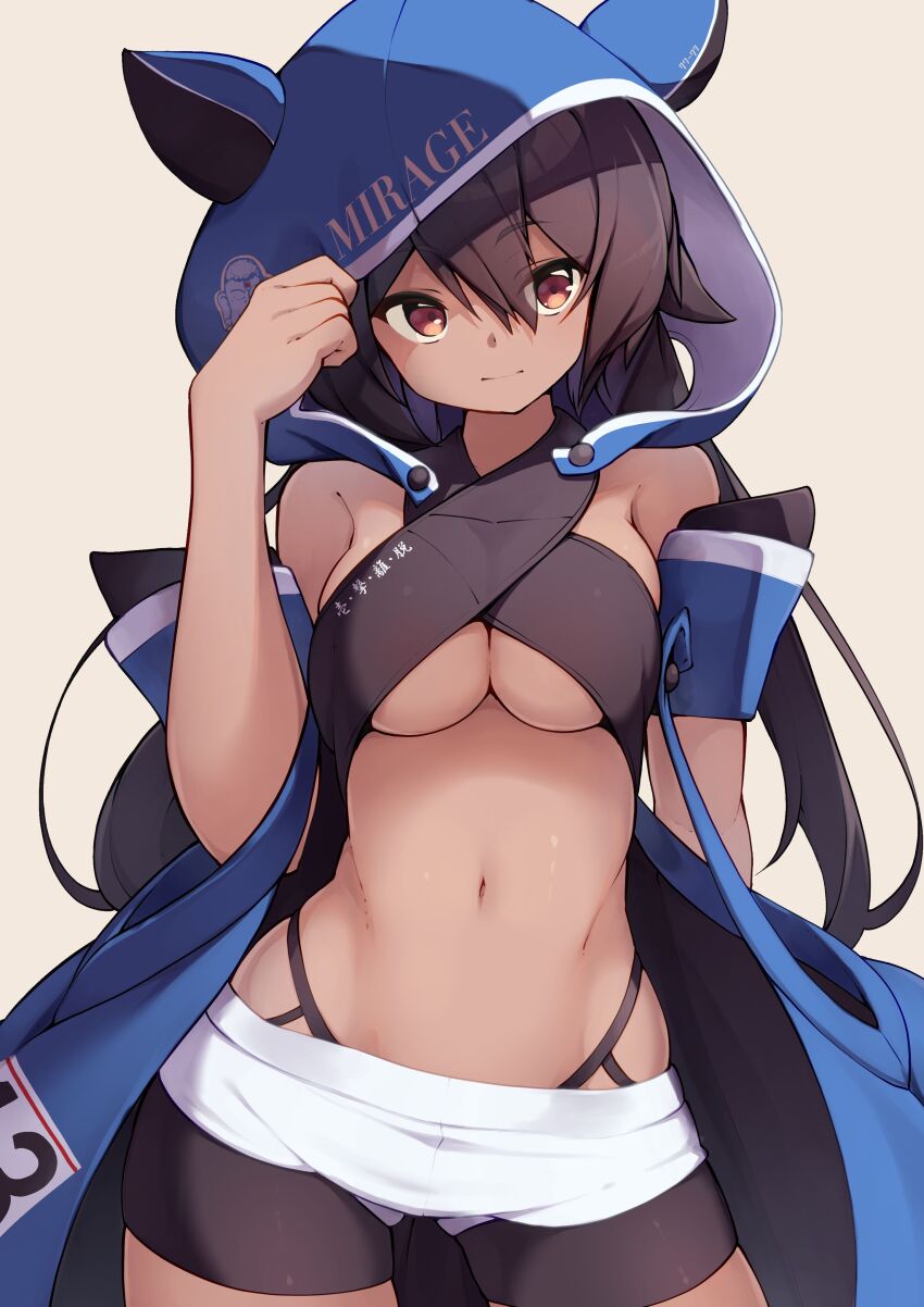 1girl absurdres bike_shorts black_hair black_shorts blue_jacket breasts commission dark-skinned_female dark_skin head_tilt hibiki_(zerocodo) highres holding_hood hood hood_up jacket jintei_(shutokou_battle) long_hair looking_at_viewer medium_breasts navel nissan nissan_skyline nissan_skyline_gt-r nissan_skyline_r34 personification pixiv_commission shorts shutokou_battle shutokou_battle_0 smile solo umamusume underboob very_long_hair wide_hips