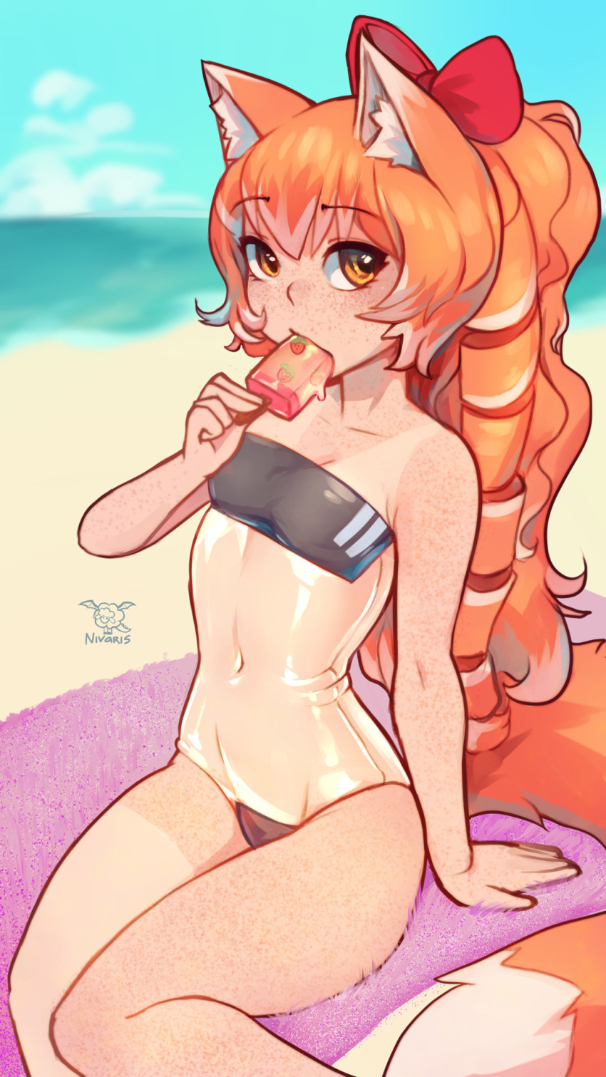 1girl animal_ears beach body_freckles brown_eyes food fox_ears fox_girl fox_tail freckles gris_swimsuit highres looking_at_viewer meme_attire midriff original ponytail popsicle red_hair ribbon see-through_clothes solo sunset_nivaris swimsuit tail tan tanline