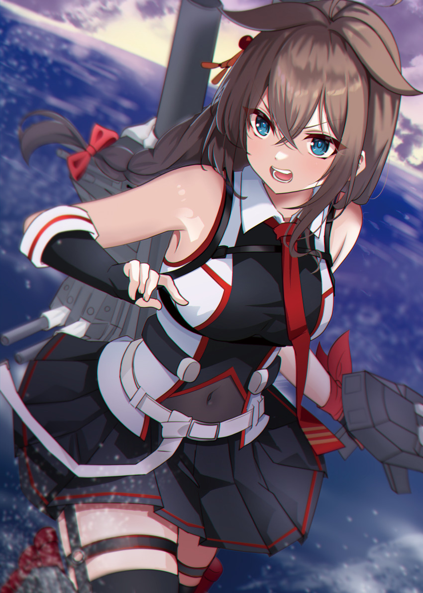 1girl absurdres adapted_turret ahoge black_gloves black_hair black_shirt black_skirt black_thighhighs blue_eyes braid breasts cannon cloud commentary_request fingerless_gloves gloves grey_sky hair_flaps hair_over_shoulder highres horizon kantai_collection long_hair machinery medium_breasts necktie outdoors paid_reward_available pleated_skirt red_necktie shigure_(kancolle) shigure_kai_san_(kancolle) ship_turret shirt single_braid skirt sky sleeveless sleeveless_shirt solo thighhighs toketa-sekai two-tone_shirt water