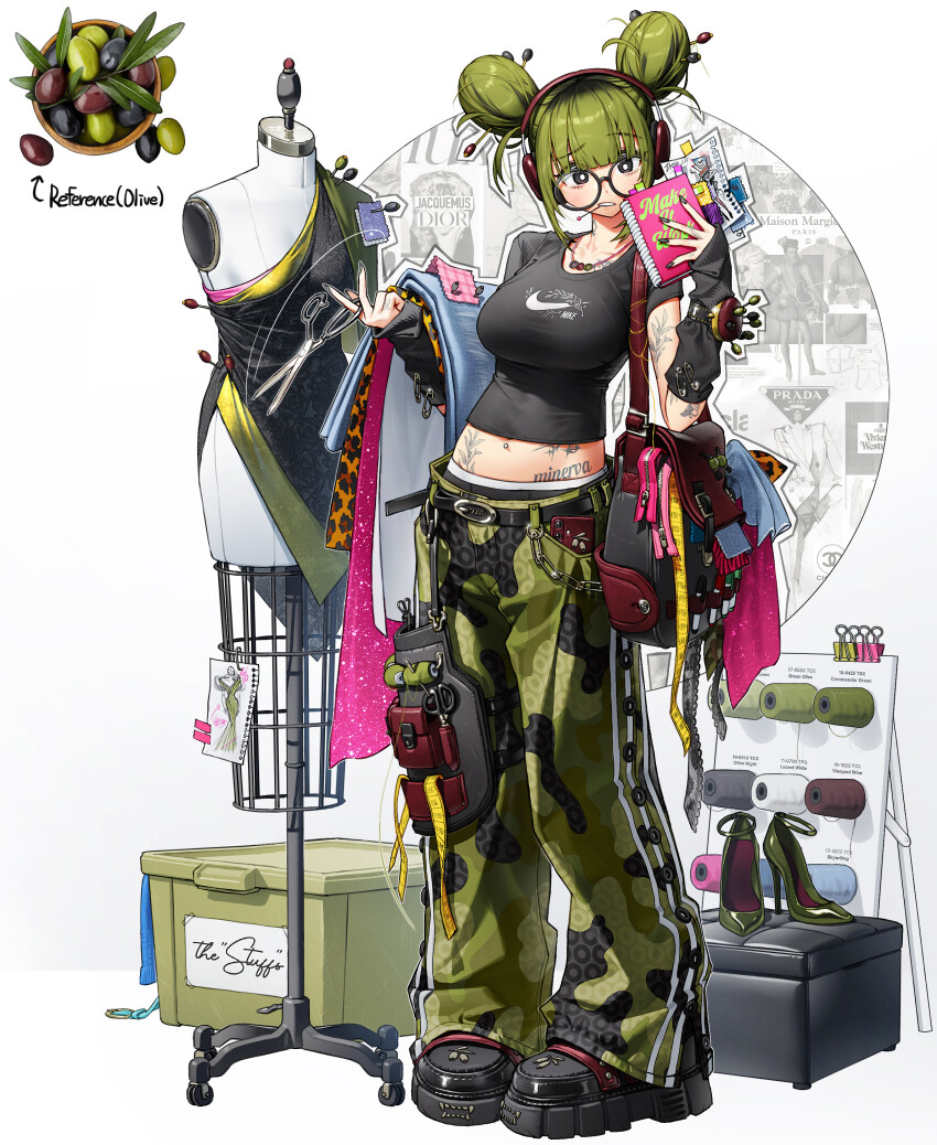 1girl absurdres arm_warmers bag bobby_pin boots box breasts camouflage camouflage_pants cellphone commentary double_bun drawing_(object) dress_form english_commentary english_text fabric footrest glasses green_hair hair_bun hair_ornament hairpin headphones high_heels highres holding holding_notepad holding_paper holding_scissors jewelry mannequin midriff multiple_hairpins multiple_tattoos navel_piercing necklace nike_(company) notepad olive original pants paper personification phone piercing pin_in_mouth reference_inset rinotuna round_eyewear scissors sewing_pin short_hair short_sleeves shoulder_bag solo spool tailor tape_measure tattoo thread white_background