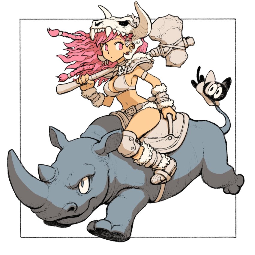 1girl animal animal_skull armor axe bandages belt boots braid breasts cavewoman character_request cleavage copyright_request dattosan fur-trimmed_boots fur_trim helmet highres holding holding_axe holding_weapon knee_pads long_hair pauldrons pink_eyes pink_hair rhinoceros riding riding_animal shoulder_armor simple_background stone_axe weapon white_background wrist_wrap